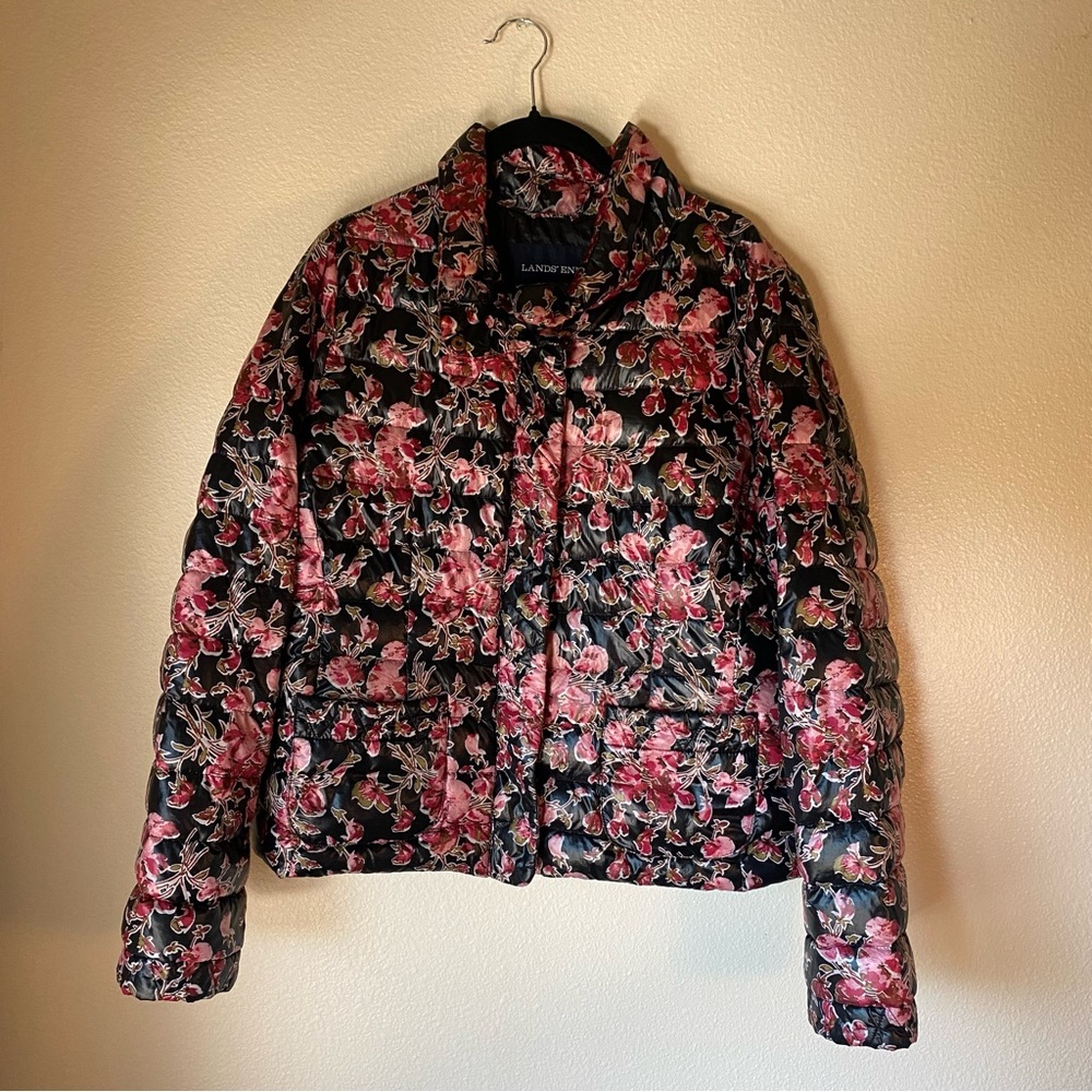 Lands' End Floral Puffer Down Jacket, Size Medium - Picture 1 of 9